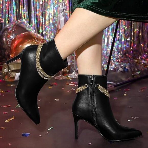 Women's Pointy Toe Stiletto Heels Chain Ankle Boots - Picture 1 of 5